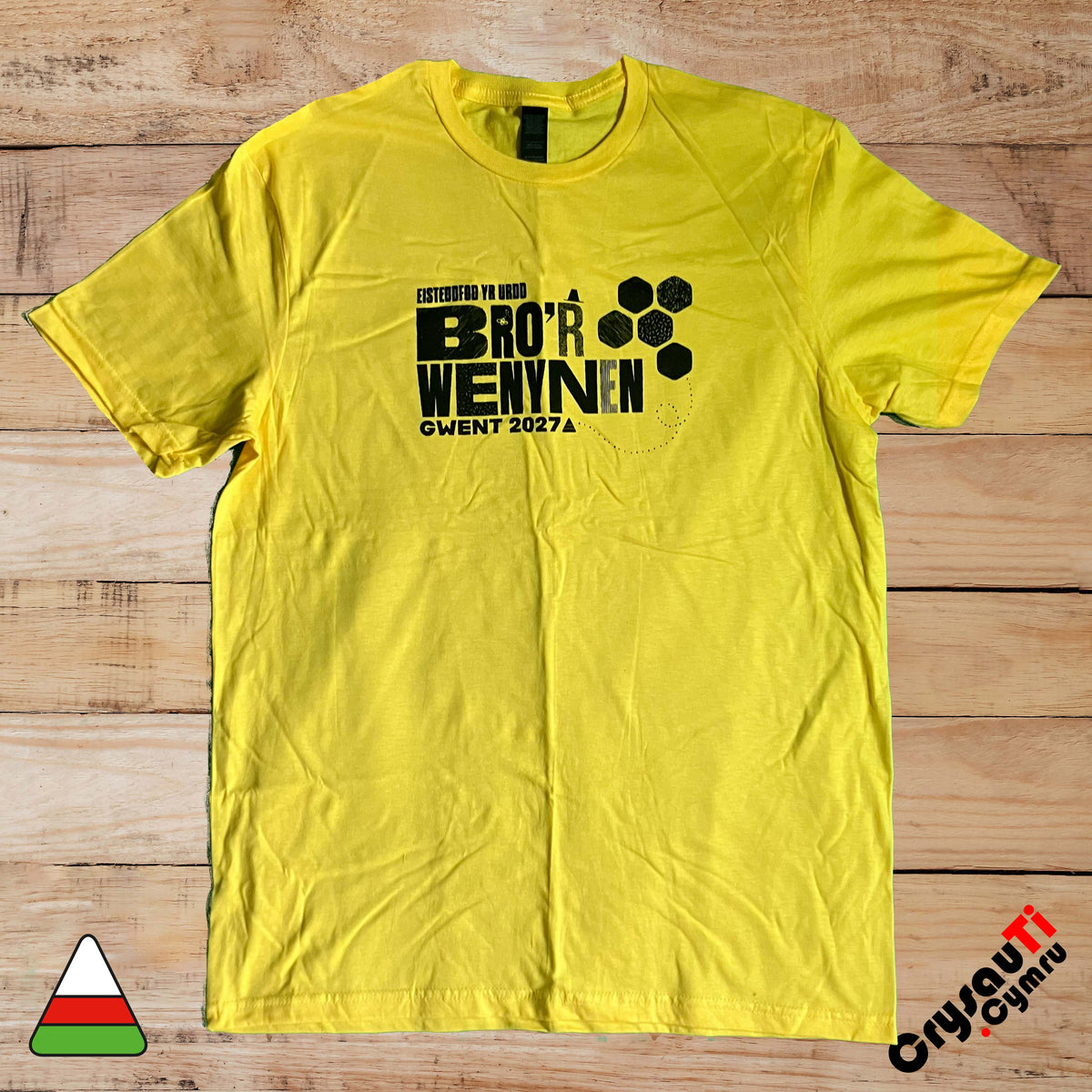 Yellow adult T-shirt with Urdd Gwent 2027 Bro’r Wenynen logo
